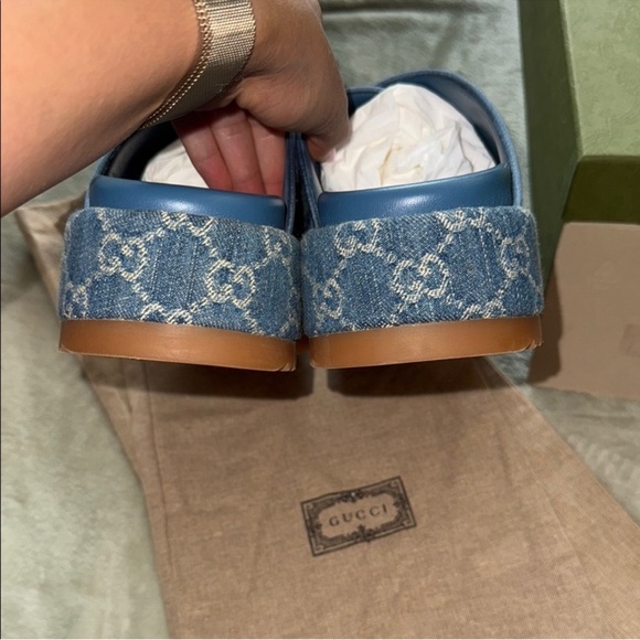 Gucci 38.5 Denim Blue Monogram Sandals - Picture 6 of 10